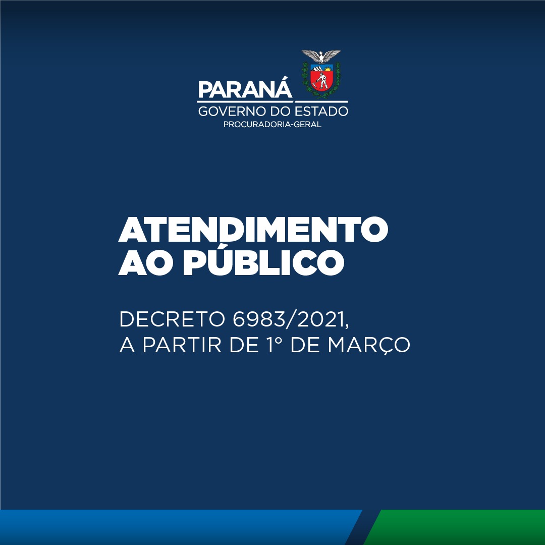 Atendendo ao Decreto nº 6983, de 26 de fevereiro de 2021, informa que o atendimento ao público, a partir de 1° de março de 2021, será realizado pelo telefone e/ou e-mail de cada Procuradoria Especializada, conforme site da PGE.