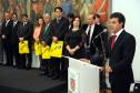 Governador Beto Richa, recebe coletânea de cadernos orientadores para a contratação de obras e serviços de engenharia, assina protocolo de intenções entre a Secretaria de Estado da Infraestrutura e Logística e IPARDES - Instituto Paranaense de Desenvolvimento Econômico e Social, termo contratual entre a Secretaria de Estado da Infraesetrutura e Logística e TECPAR - Instituto de Tecnologia do Paraná, anúncia o pagamento do primeiro lote de precatórios de pequeno valor, entrega ao Tribunal de